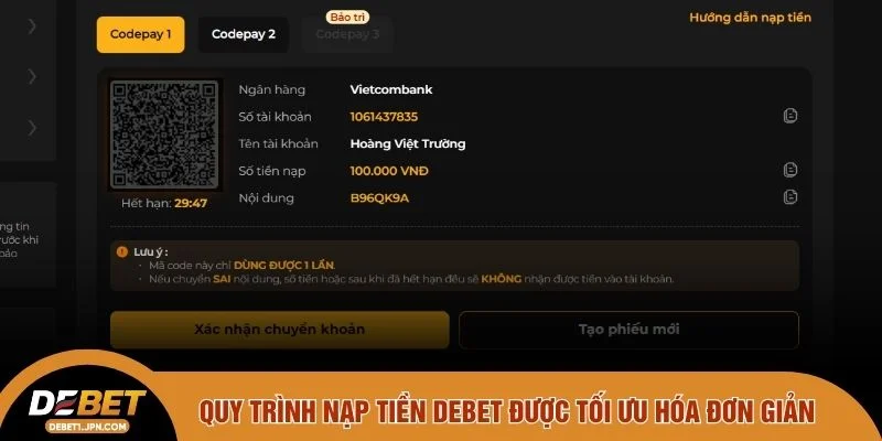 Quy trình nạp tiền DEBET được tối ưu hóa đơn giản